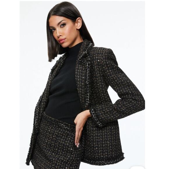 $695 ALICE+OLIVIA CHAIN TRIM JACKET BLACK AND GOLD AND SEQUINS SZ 14 - Picture 1 of 8